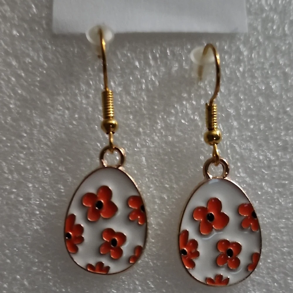 Hand Crafted White Enamel Drop Earrings with Orange Floral Motif